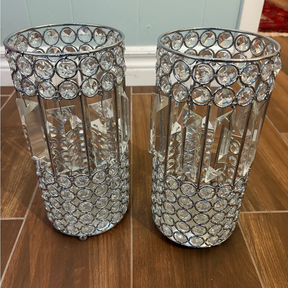 Elegant Crystal-Embellished Silver Vases